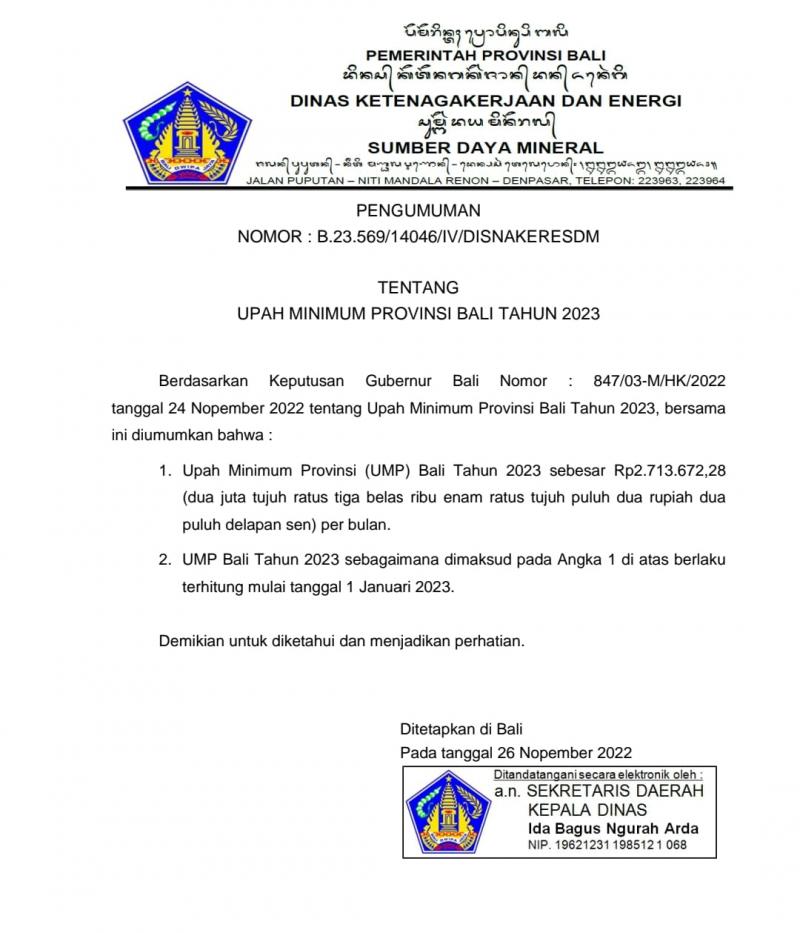 UMP Bali Rp2.713.672 Berlaku Mulai 1 Januari 2023 Bali Tribune